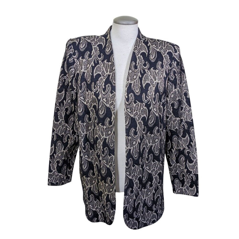 Vintage Blazer Jacket Black Gold Metallic Floral Elegant Formal Event Size 16
